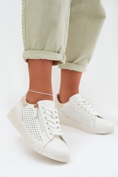 Leather Women's Sneakers With Zipper White-Gold Kalorinne