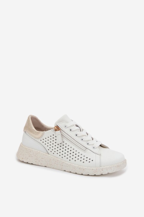 Leather Women's Sneakers With Zipper White-Gold Kalorinne