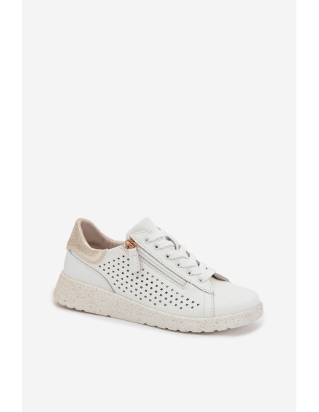 Leather Women's Sneakers With Zipper White-Gold Kalorinne