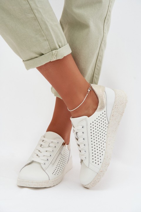Leather Women's Sneakers With Zipper White-Gold Kalorinne
