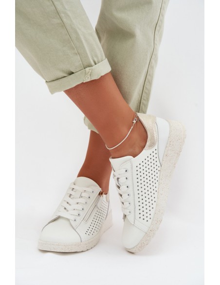 Leather Women's Sneakers With Zipper White-Gold Kalorinne