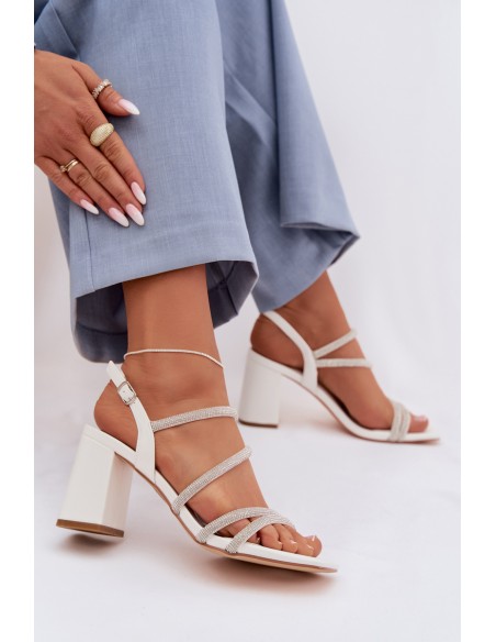 Women's Block Heel Sandals With Straps and Rhinestones White Brelia