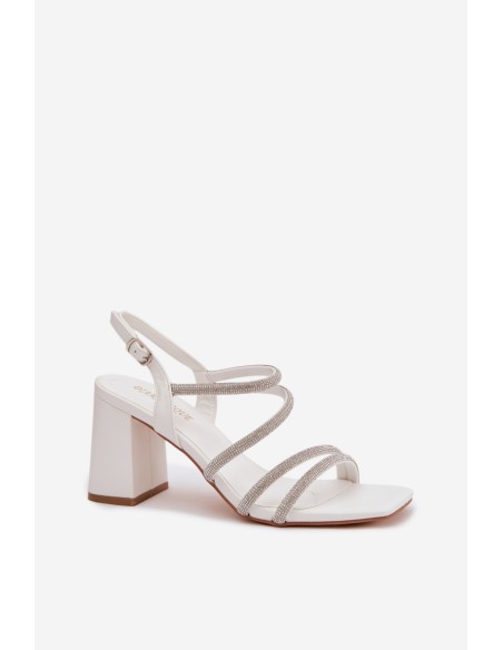 Women's Block Heel Sandals With Straps and Rhinestones White Brelia