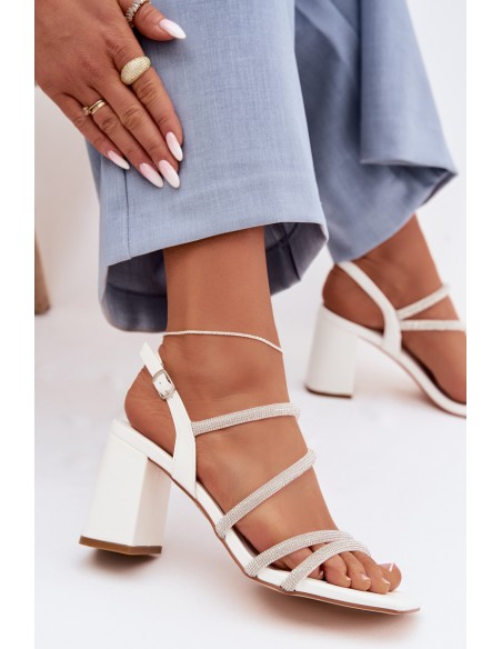 Women's Block Heel Sandals With Straps and Rhinestones White Brelia
