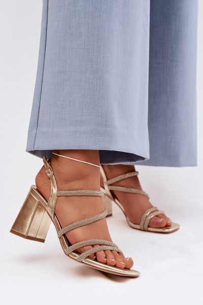 Women's Block Heel Sandals With Straps And Rhinestones Gold Brelia
