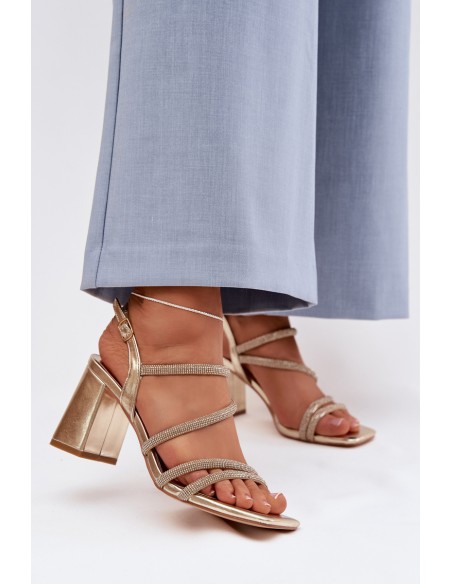 Women's Block Heel Sandals With Straps And Rhinestones Gold Brelia