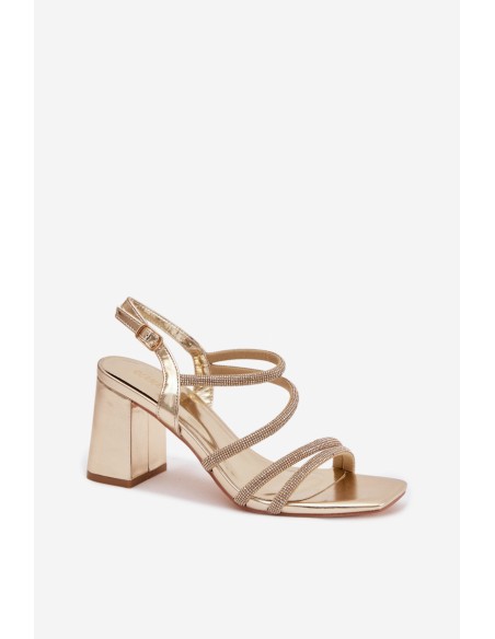 Women's Block Heel Sandals With Straps And Rhinestones Gold Brelia
