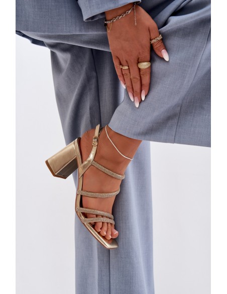 Women's Block Heel Sandals With Straps And Rhinestones Gold Brelia