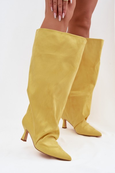 Yellow Harela Wide Shaft Boots with Ruffles on Heel