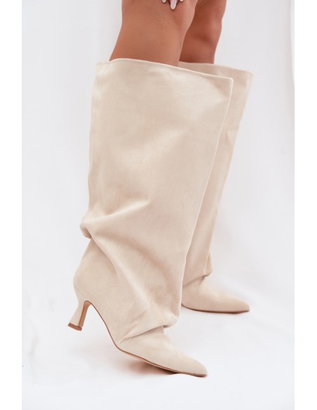 Beige Harela Wide Shaft Boots With Ruffles On Heel