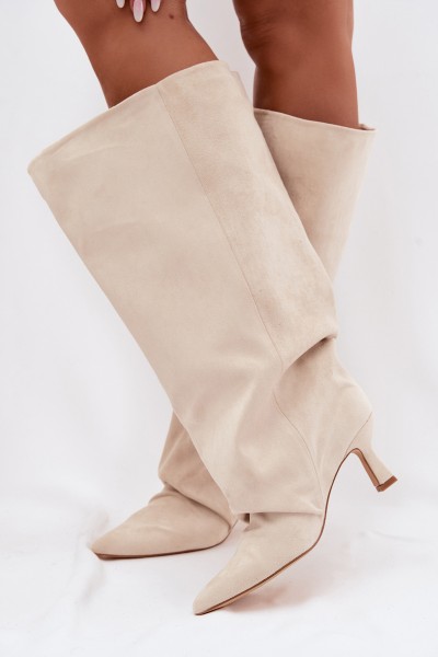 Beige Harela Wide Shaft Boots With Ruffles On Heel 2