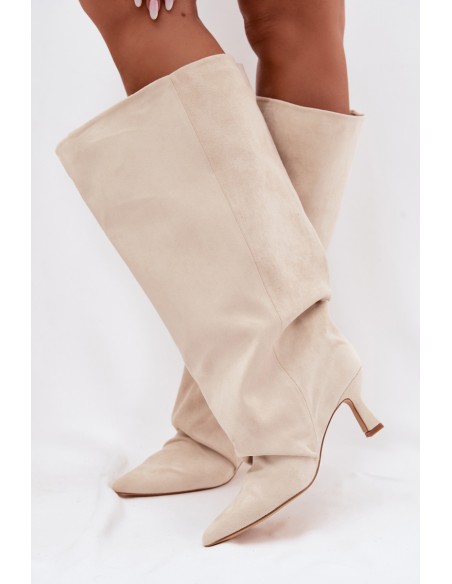 Beige Harela Wide Shaft Boots With Ruffles On Heel