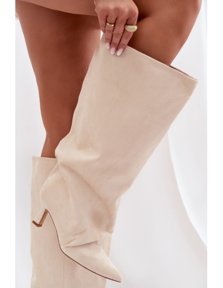 Beige Harela Wide Shaft Boots With Ruffles On Heel