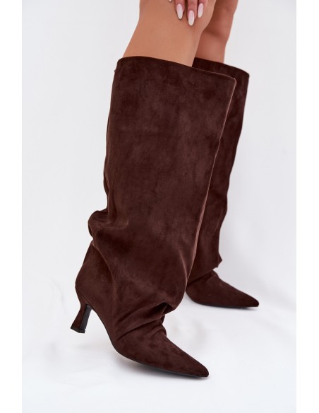 Harela Wide Shaft Boots with Ruffles on Heel Chocolate