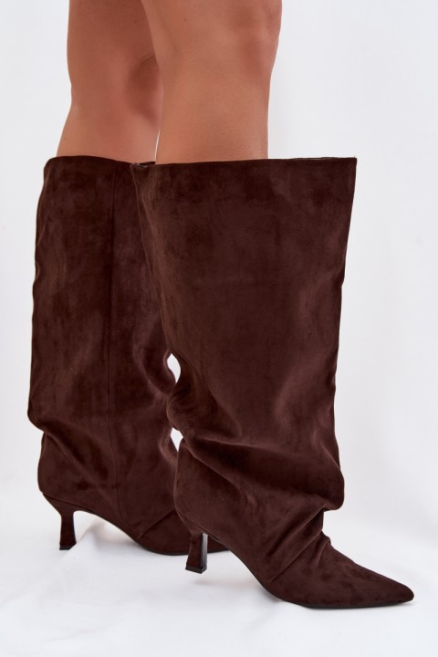 Harela Wide Shaft Boots with Ruffles on Heel Chocolate