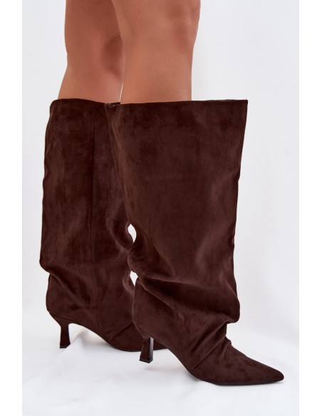 Harela Wide Shaft Boots with Ruffles on Heel Chocolate