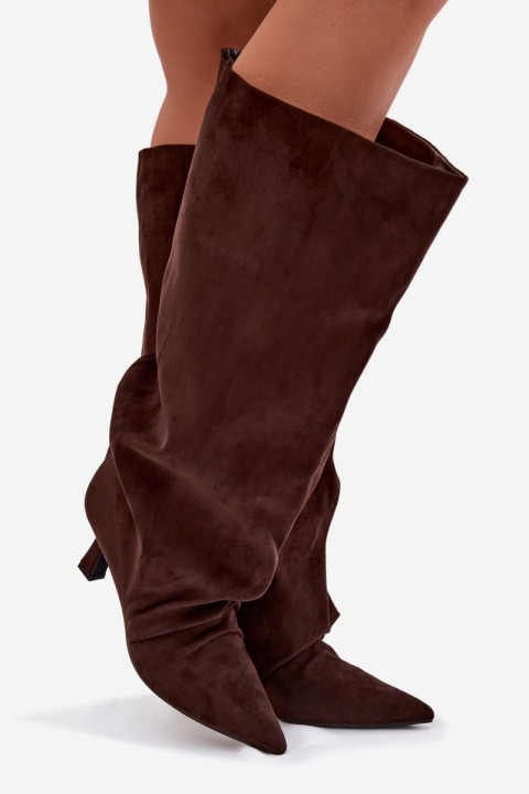 Harela Wide Shaft Boots with Ruffles on Heel Chocolate