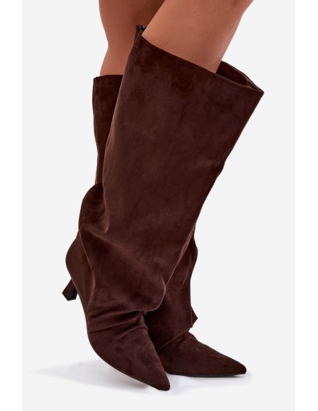 Harela Wide Shaft Boots with Ruffles on Heel Chocolate