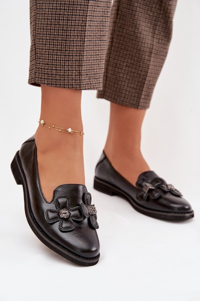 Women's Flat Shoes with Decorative Flowers Black Tavillette