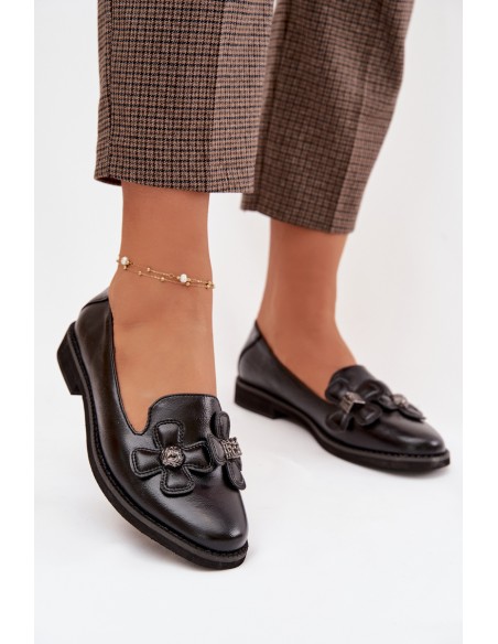 Women's Flat Shoes with Decorative Flowers Black Tavillette