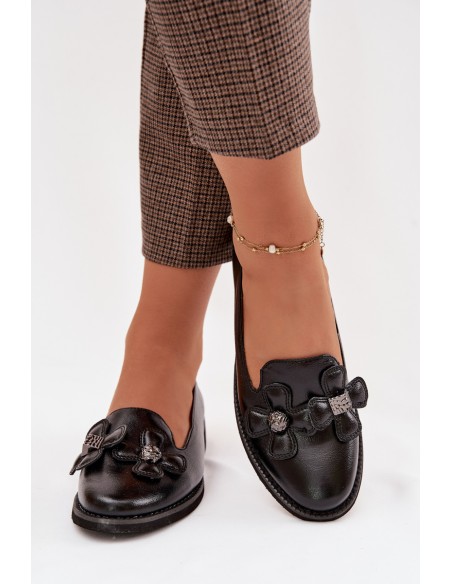 Women's Flat Shoes with Decorative Flowers Black Tavillette