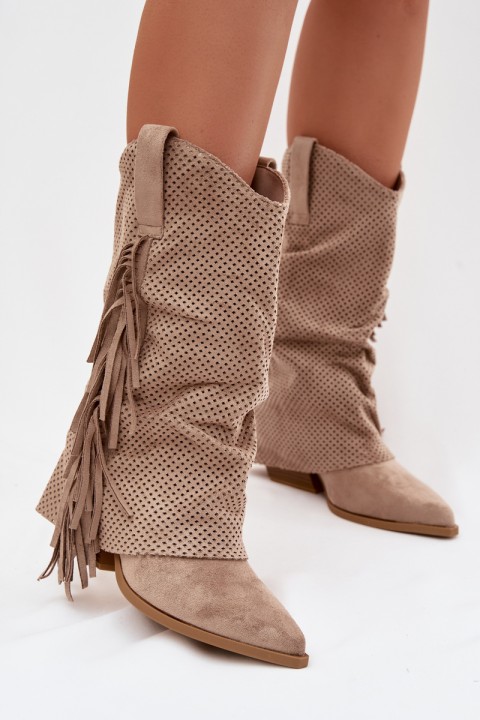 Beige Pireya Cowboy Boots With Fringes Block Heel