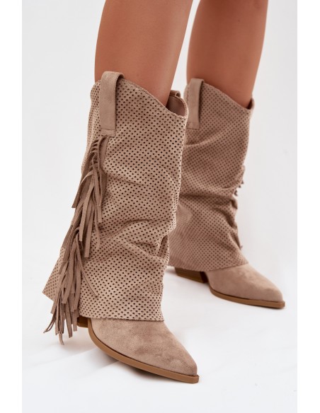 Beige Pireya Cowboy Boots With Fringes Block Heel