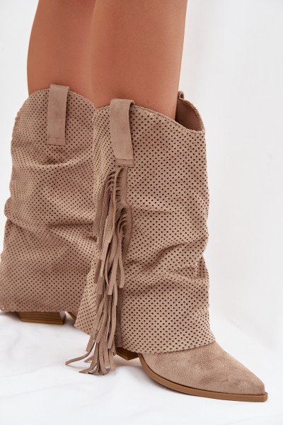 Beige Pireya Cowboy Boots With Fringes Block Heel 2