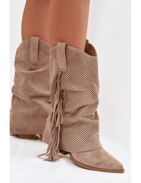 Beige Pireya Cowboy Boots With Fringes Block Heel