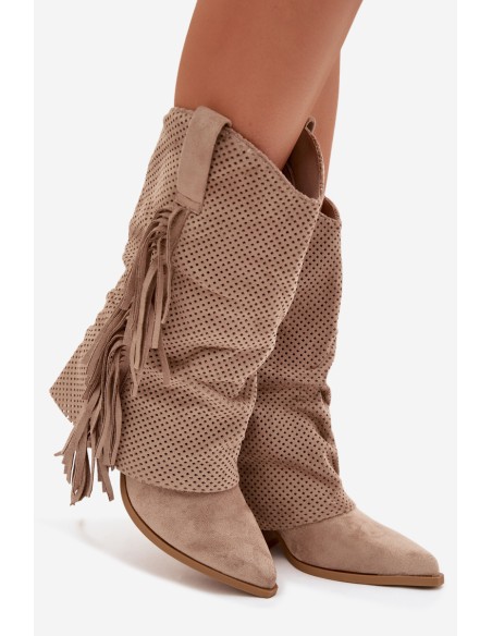 Beige Pireya Cowboy Boots With Fringes Block Heel