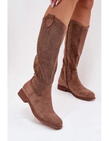 Women's Ankle Boots With Openwork Pattern On Flat Heel S.Barski HY61-8022 Brown