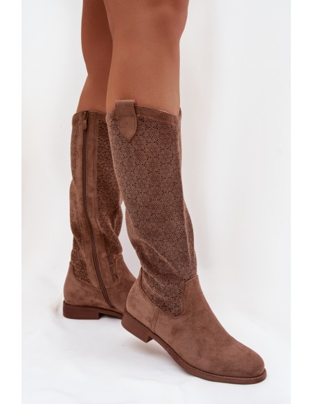 Women's Ankle Boots With Openwork Pattern On Flat Heel S.Barski HY61-8022 Brown