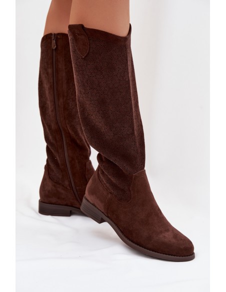 Women's Lace Pattern Ankle Boots With Flat Heel S.Barski HY61-8022 Chocolate