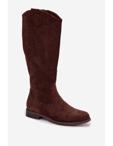 Women's Lace Pattern Ankle Boots With Flat Heel S.Barski HY61-8022 Chocolate