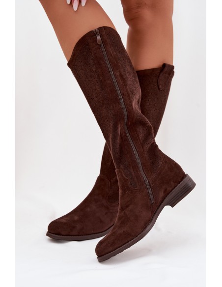 Women's Lace Pattern Ankle Boots With Flat Heel S.Barski HY61-8022 Chocolate