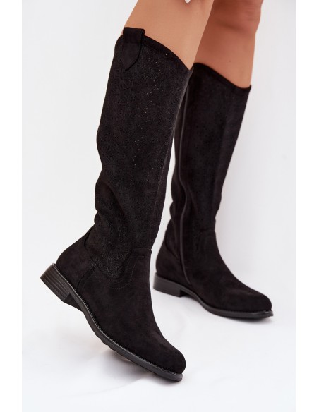 Women's Lace Pattern Flat Heel Boots S.Barski HY61-8022 Black