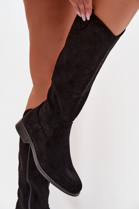 Women's Lace Pattern Flat Heel Boots S.Barski HY61-8022 Black