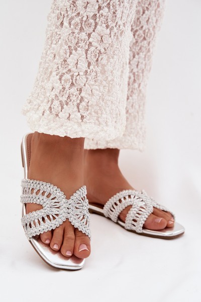 Women's Flat Silver Slides Fariella