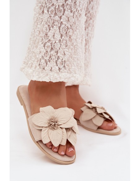 Women's Flat Shoes With Decorative Flowers Jasnobeżowe Elzoria