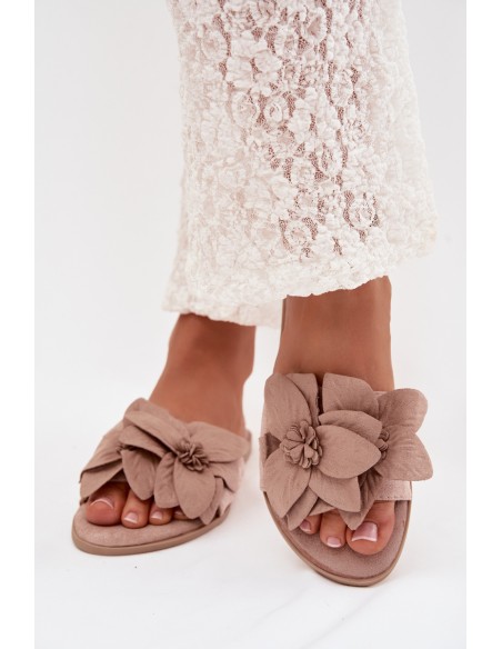 Women's Flat Beige Flower Embellished Slides Elzoria