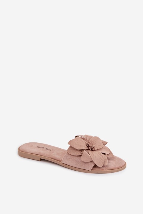 Women's Flat Beige Flower Embellished Slides Elzoria
