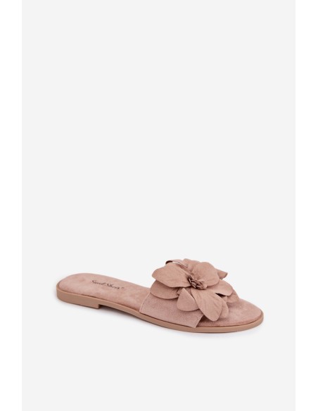 Women's Flat Beige Flower Embellished Slides Elzoria