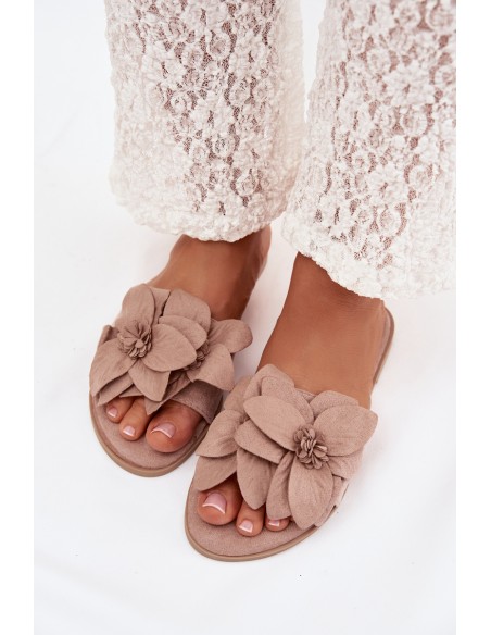 Women's Flat Beige Flower Embellished Slides Elzoria