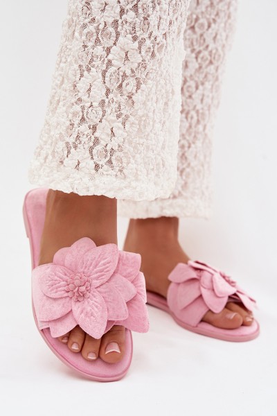 Women's Flat Pink Floral Embellished Slides Elzoria