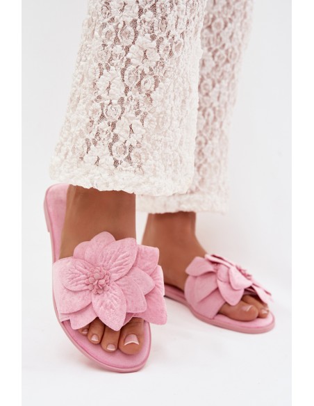 Women's Flat Pink Floral Embellished Slides Elzoria