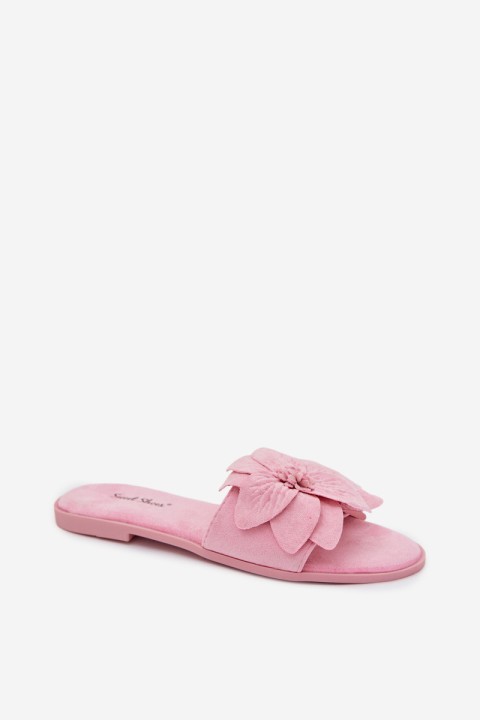 Women's Flat Pink Floral Embellished Slides Elzoria