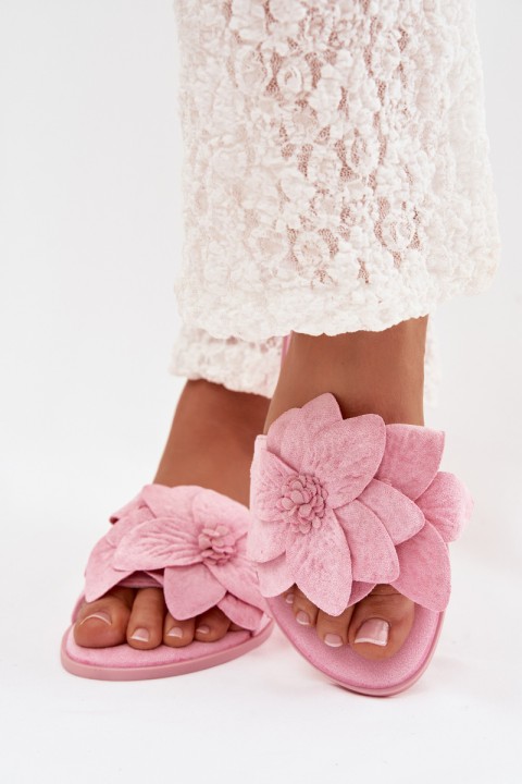 Women's Flat Pink Floral Embellished Slides Elzoria