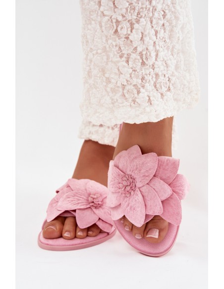 Women's Flat Pink Floral Embellished Slides Elzoria