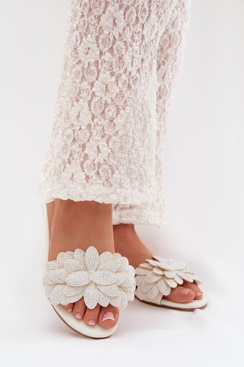 Women's Flat White Decorated Slides Grelora