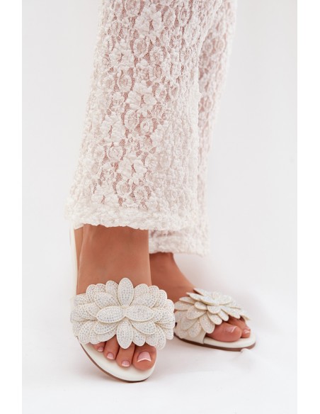 Women's Flat White Decorated Slides Grelora